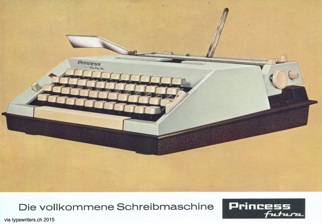 Princess portable typewriter ad. Manufacturer of Princess typewriters: Keller & Knappich GmbH, Maschinenfabrik, Augsburg, then Western Germany.