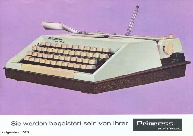 Princess portable typewriter ad. Manufacturer of Princess typewriters: Keller & Knappich GmbH, Maschinenfabrik, Augsburg, then Western Germany.